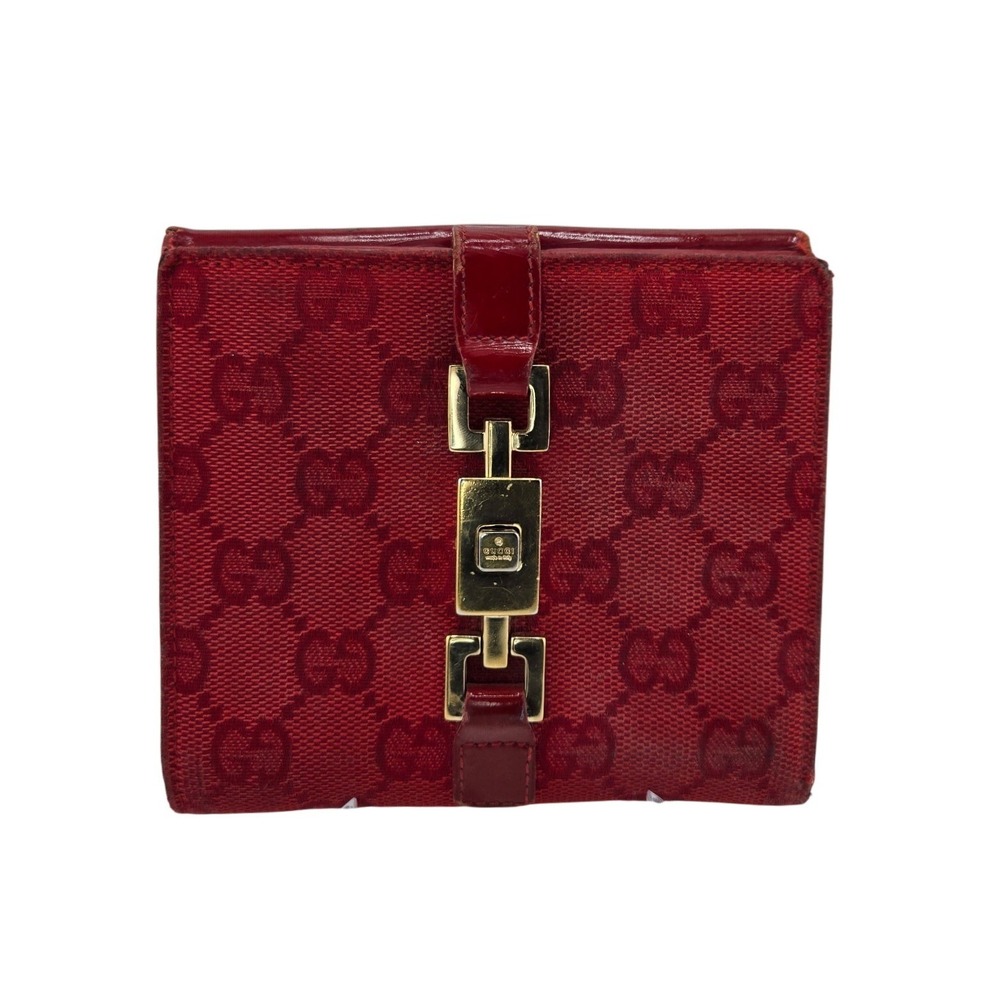 Gucci Jackie Bifold Wallet Red GG Monogram Canvas Leather Gold Piston 035-1137